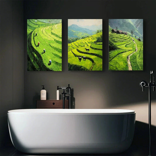 3pcs Abstract Terraced Mountain Green Themed Metal Print Ready to Hang Art