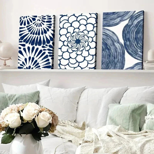 3pcs Abstract Geometric Navy Blue Floral Design Wall Art Set Canvas Framed 40x60cm - High Quality Print 100% Australian Made Wall Canvas Ready to Hang