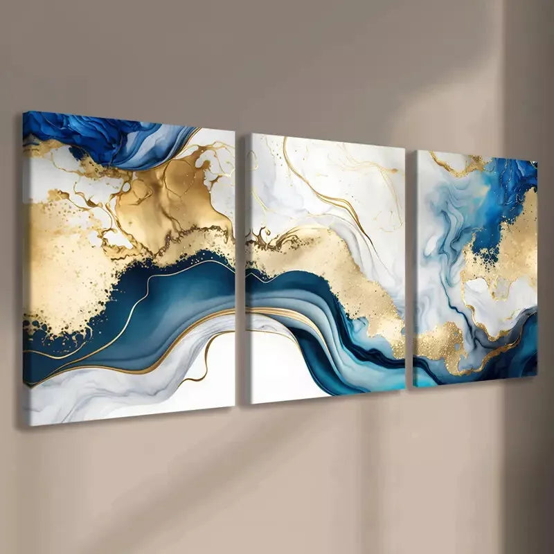 3pcs Abstract Swirls Of Painting In Colors Of Blue & Gold Canvas Framed 40x60cm - High Quality Print 100% Australian Made Wall Canvas Ready to Hang