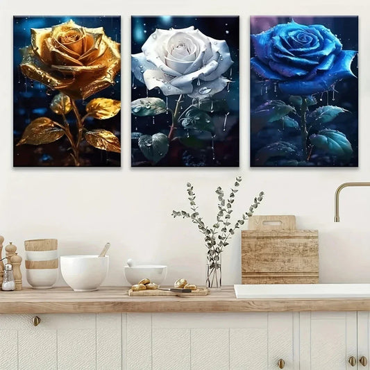 3pcs Golden White Blue Floral Metal Print Ready to Hang Art