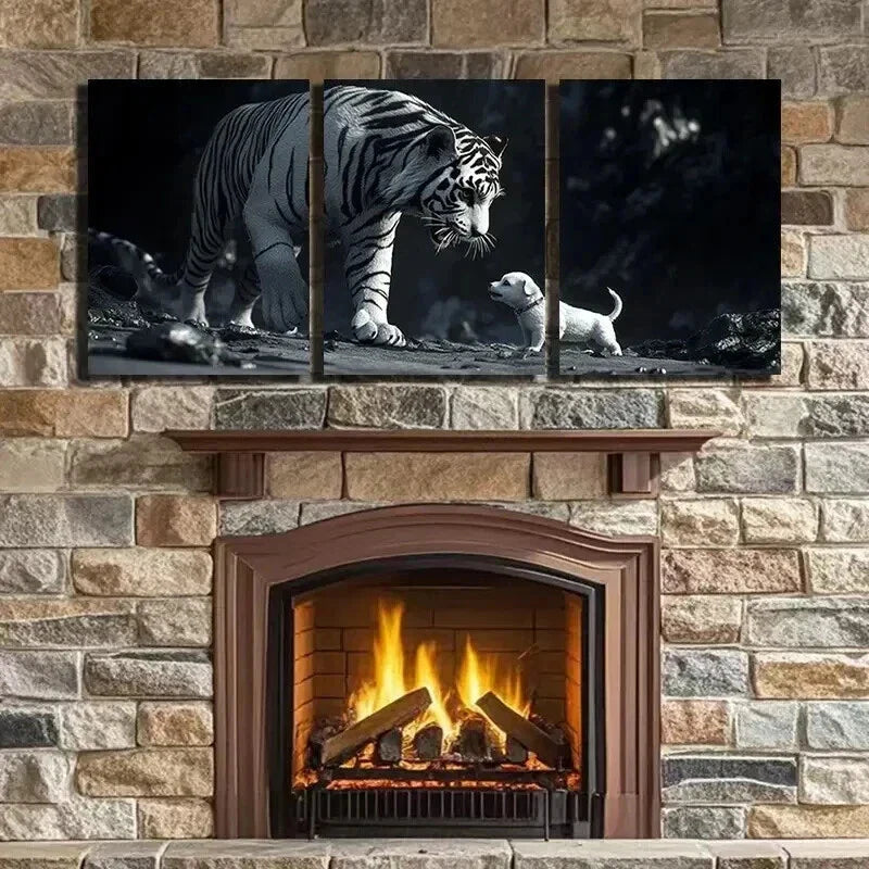3pcs Black & White Tiger Puppy Decor Wall Art Set Canvas Framed 40x60cm - High Quality Print 100% Australian Made Wall Canvas Ready to Hang