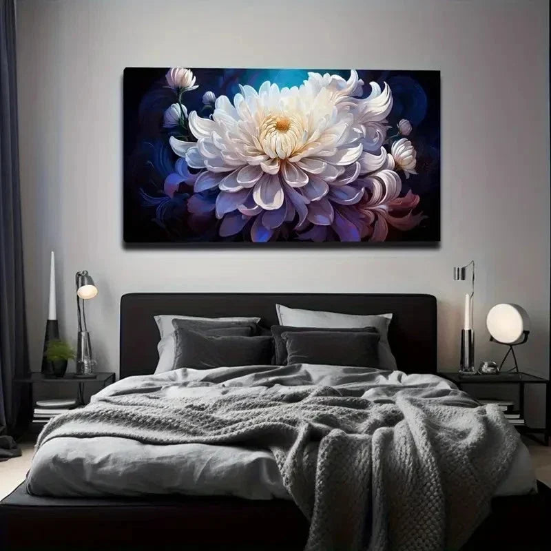 Elegant White Chrysanthemum Wall Art Canvas Office Home Room Framed 80x45cm