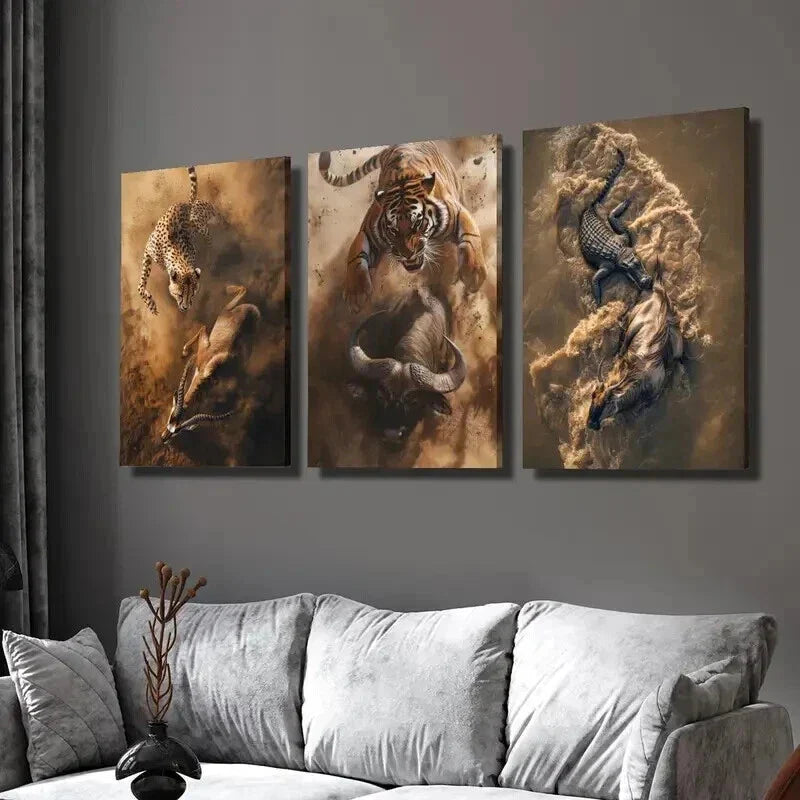 3pcs Cheetah Tiger Crocodile Hunting & Eating Wall Art Set Canvas Framed 40x60cm - High Quality Print 100% Australian Made Wall Canvas Ready to Hang