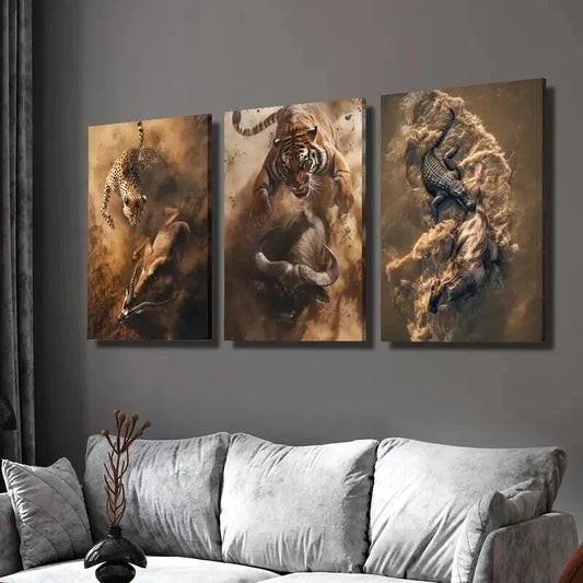 3pcs Cheetah Tiger Crocodile Hunting & Eating Wall Art Set Canvas Framed 40x60cm - High Quality Print 100% Australian Made Wall Canvas Ready to Hang