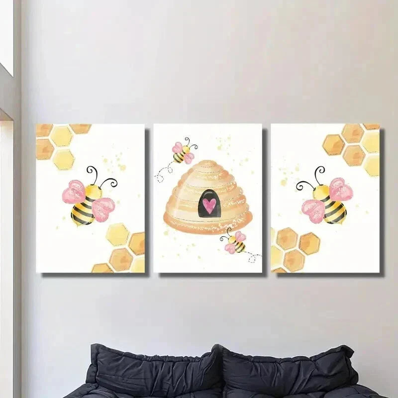 3pcs Cute Cartoon Bees & Honeycomb Wall Art Set Canvas Framed 40x60cm - High Quality Print 100% Australian Made Wall Canvas Ready to Hang