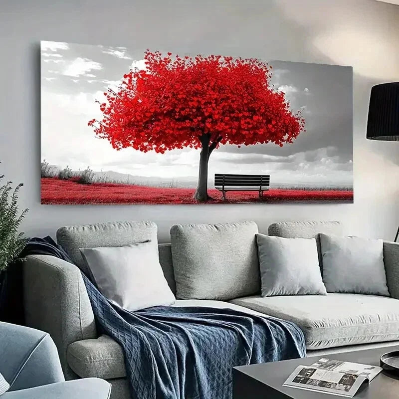 Vibrant Red Tree and Bench wall canvas office home room framed 80x45cm