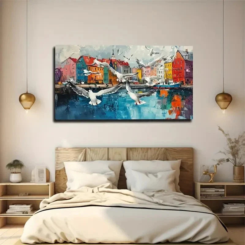 Flying Seagulls & Vibrant City Wall Art Canvas Office Home Room Framed 120x60cm
