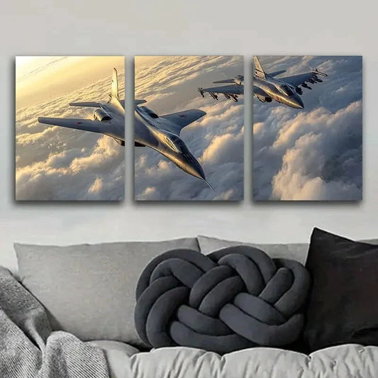 3pcs Fighter in the sky Art Painting Metal Print Ready to Hang Art
