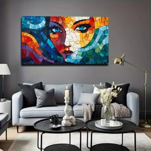 Vibrant Mosaic Portrait Blue Wall Art Canvas Office Home Room Framed 120x60cm