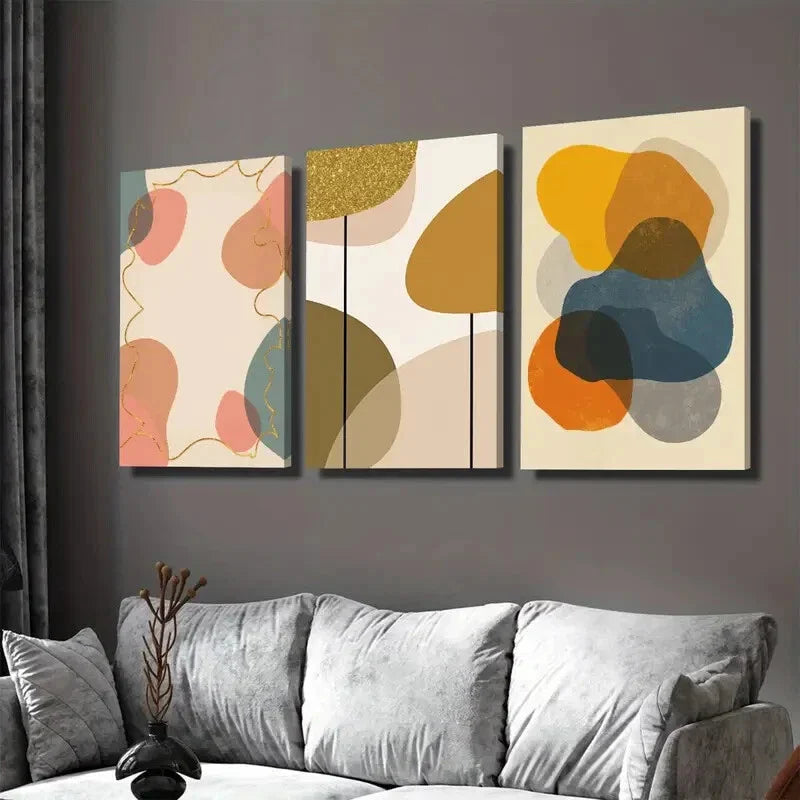 3pcs Modern Abstract Vibrant Geometric Golden Wall Art Set Canvas Framed 40x60cm - High Quality Print 100% Australian Made Wall Canvas Ready to Hang