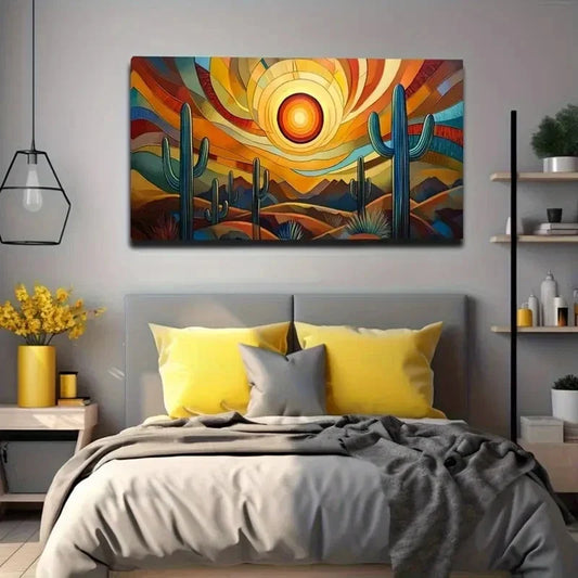 Vibrant Desert Sunset Cactus Wall Art Canvas Office Home Room Framed 120x60cm