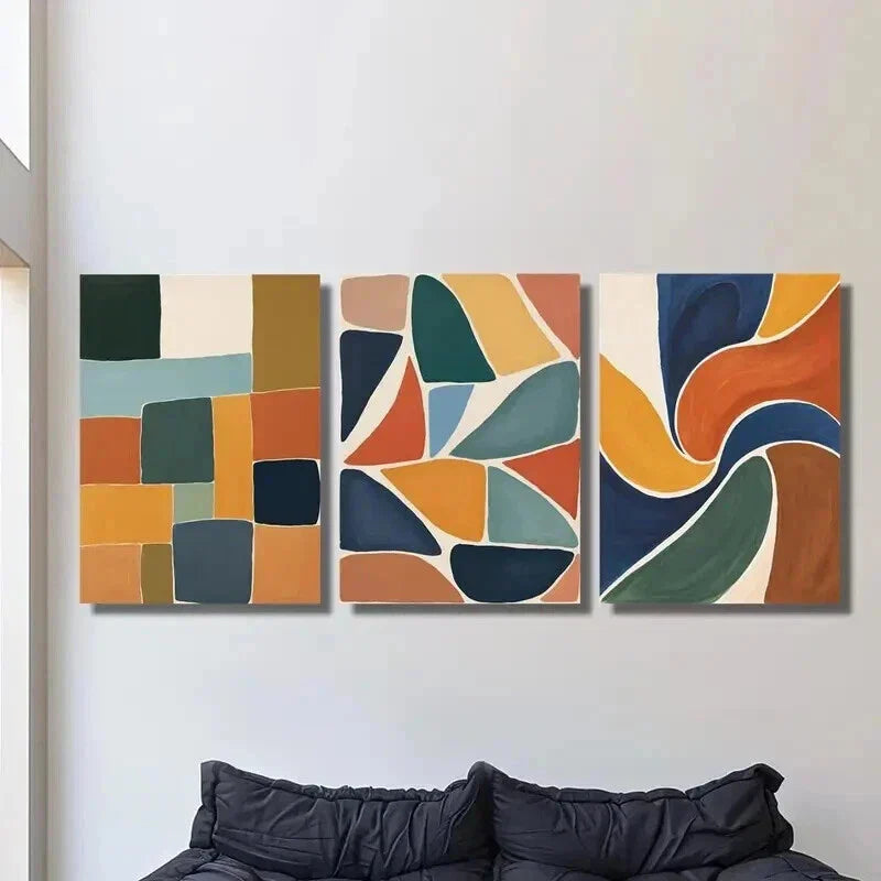 3pcs Retro Abstract Multi Color Block Geometric Wall Art Set Canvas Framed 40x60cm - High Quality Print 100% Australian Made Wall Canvas Ready to Hang