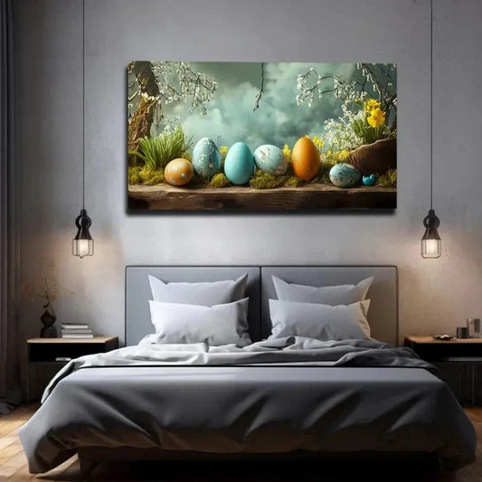 Vibrant Easter Egg Hunt Scene Wall Art Canvas Office Home Room Framed 120x60cm