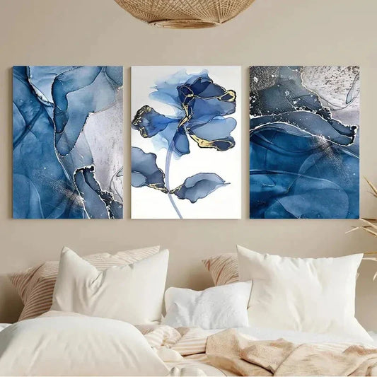 3pcs Abstract Blue Flower Golden Accents Metal Print Ready to Hang Art