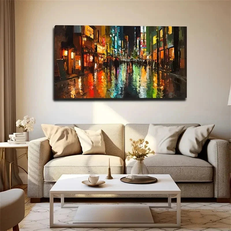 Rainy Night Cityscape Neon Wall Art Canvas Office Home Room Framed 120x60cm