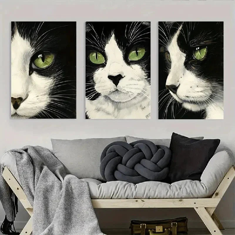 3pcs Black And White Cat Stunning Green Eyes Metal Print Ready to Hang Art