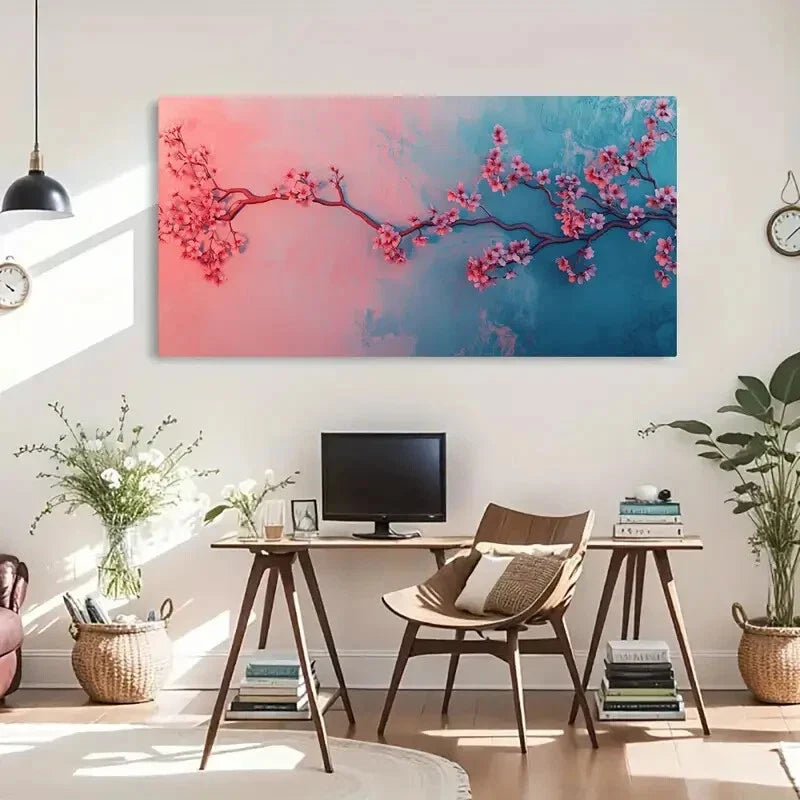 Cherry Blossom Blue Gradient Wall Art Canvas Office Home Room Framed 120x60cm