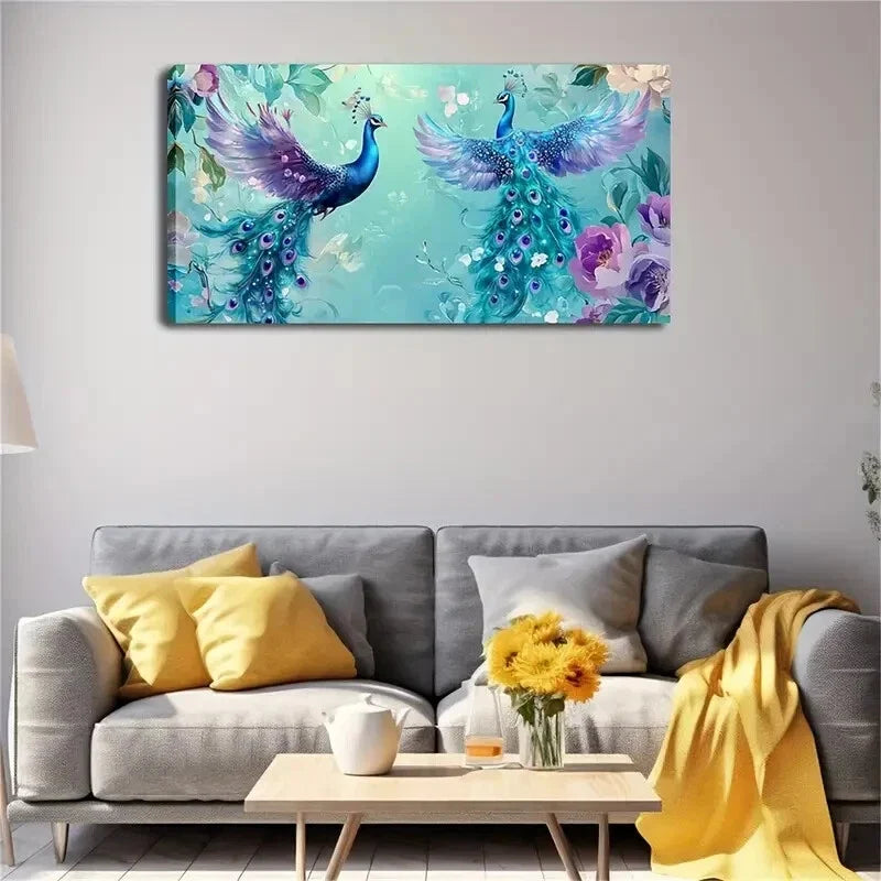 Realistic Two Peacocks Spread Wall Art Canvas Office Home Room Framed 120x60cm