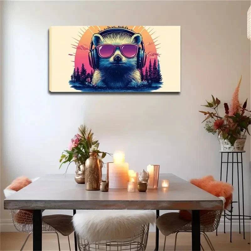 Hedgehog Wearing Headphones Wall Art Canvas Office Home Room Framed 120x60cm