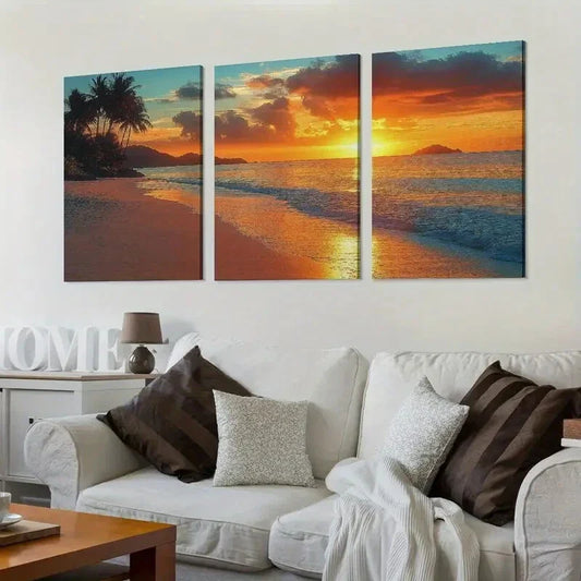 3pcs Classic Palm Tree Beach Sunset  Wall Art Set Canvas Framed 40x60cm - High Quality Print 100% Australian Made Wall Canvas Ready to Hang