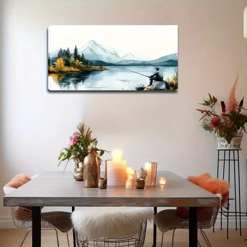 Mountains and Trees Fishing Wall Art Canvas Office Home Room Framed 120x60cm