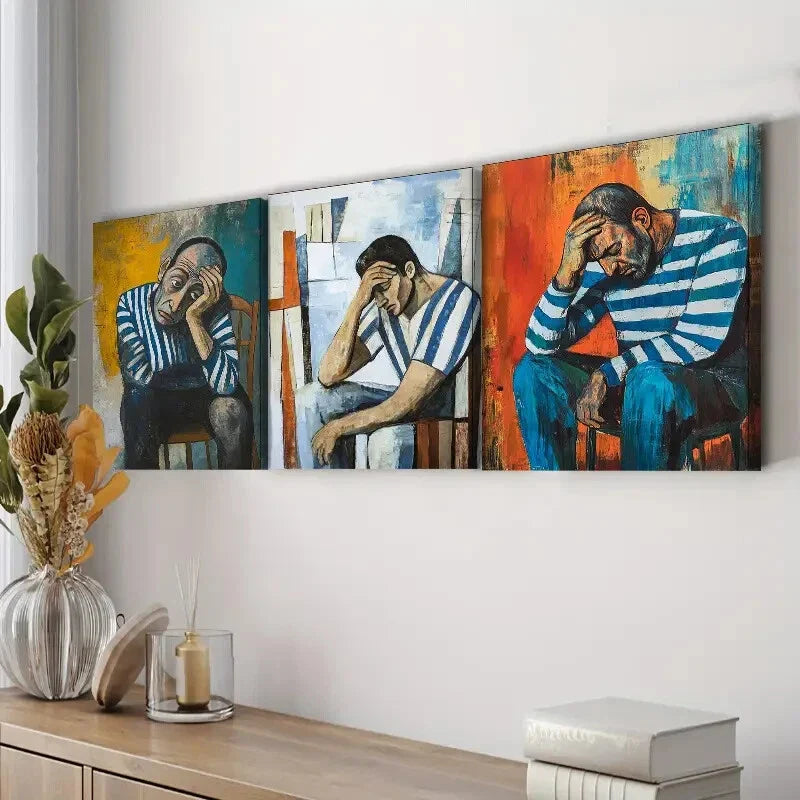 3pcs Striped Shirt Man Painting Sad Darkness Wall Art Set Canvas Framed 40x60cm - High Quality Print 100% Australian Made Wall Canvas Ready to Hang