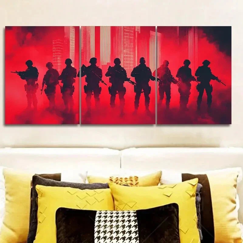 3pcs Soldiers in Formation Silhouette on Red Back Metal Print Ready to Hang Art
