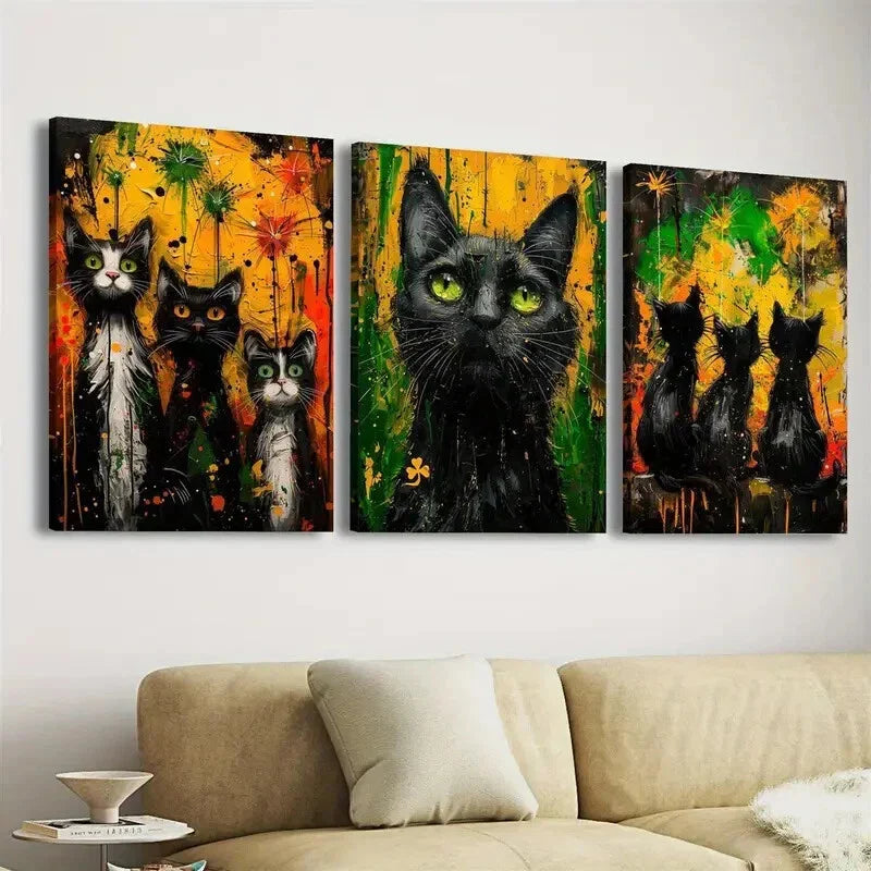 3pcs Vibrant Black Cat  Wall Art Set Canvas Framed 40x60cm - High Quality Print 100% Australian Made Wall Canvas Ready to Hang