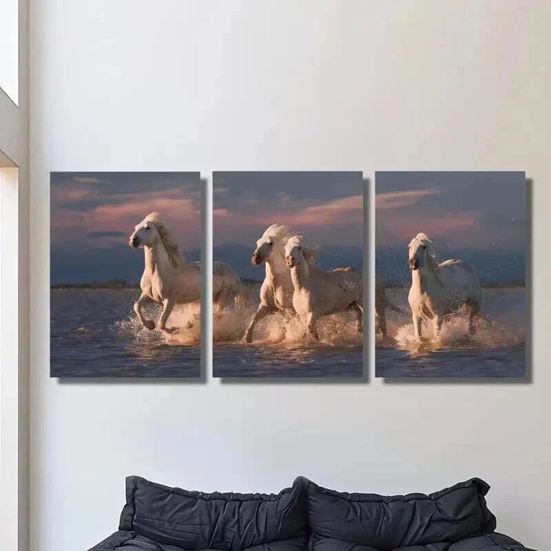 3pcs Camargue White Horses Portrait Wall Art Set Canvas Framed 40x60cm - High Quality Print 100% Australian Made Wall Canvas Ready to Hang
