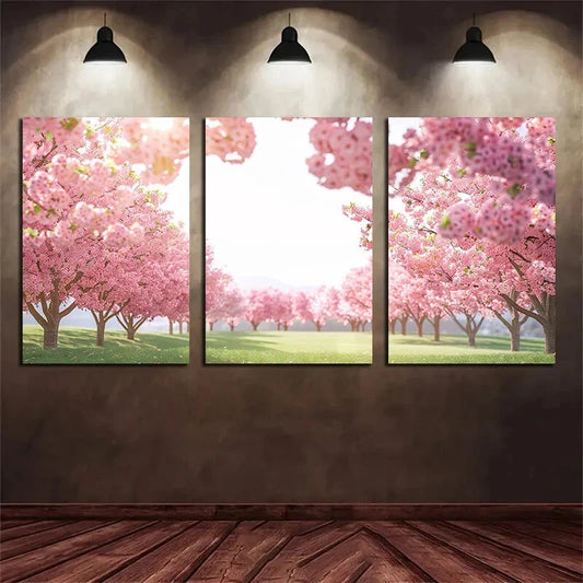 3pcs Cherry Blossom Trees Full Bloom Metal Print Ready to Hang Art