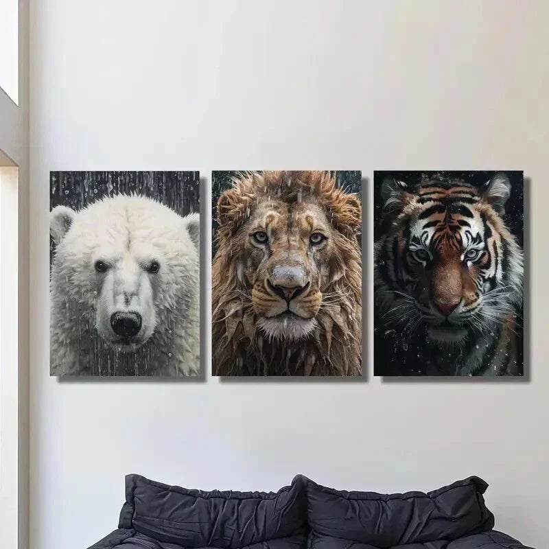 3pcs Polar Bear Lion & Tiger in Rainy Weather Wall Art Set Canvas Framed 40x60cm - High Quality Print 100% Australian Made Wall Canvas Ready to Hang