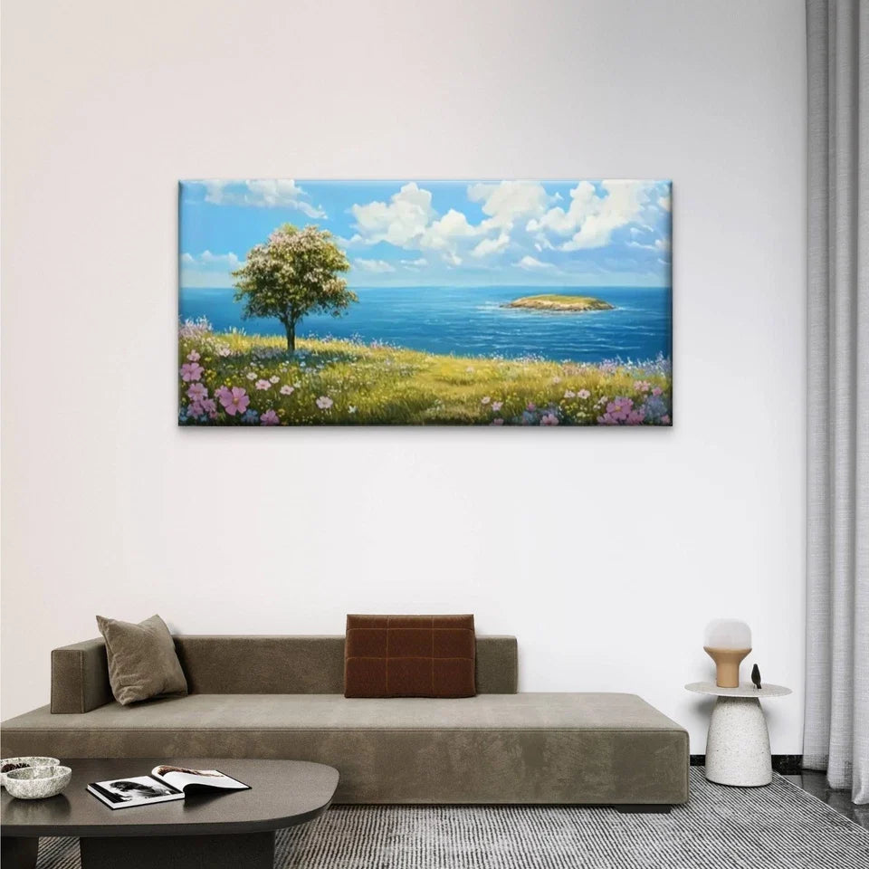 Trees Hill Overlooking Ccean Wall Art Canvas Office Home Room Framed 120x60cm