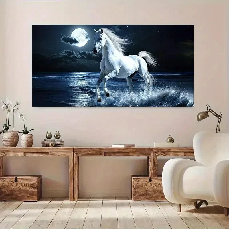 Majestic White Horse Perfect Wall Art Canvas Office Home Room Framed 80x45cm