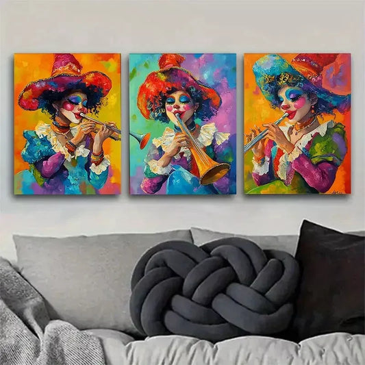 3pcss vibrant modern Colorful Clown Musician Wall Art Set Canvas Framed 40x60cm - High Quality Print 100% Australian Made Wall Canvas Ready to Hang