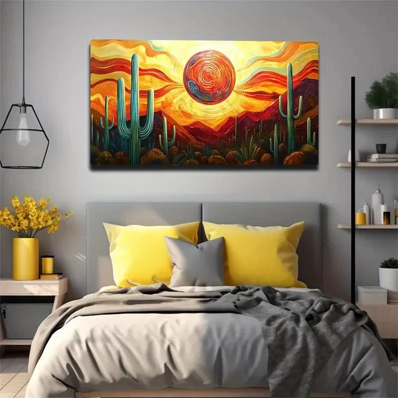 Vibrant Desert Sunset CactI Wall Art Canvas Office Home Room Framed 120x60cm
