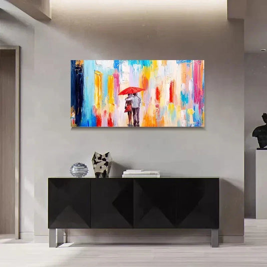 Couple Walking Red Umbrellas Wall Art Canvas Office Home Room Framed 120x60cm