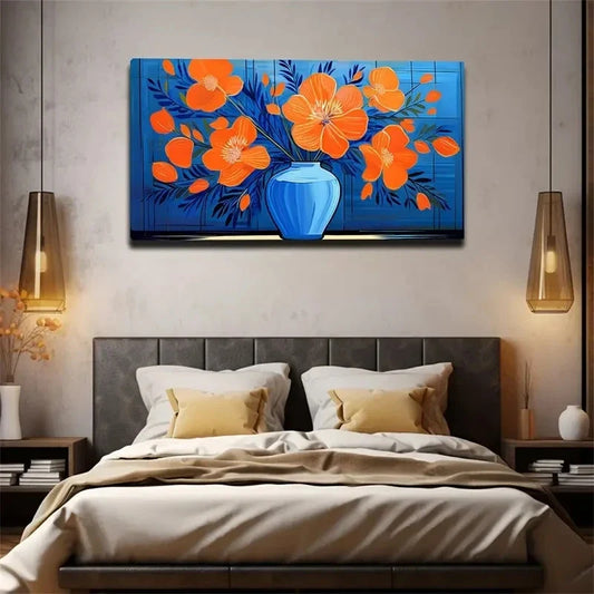 Vibrant Orange Floral Wall Art Canvas Office Home Room Framed 80x45cm