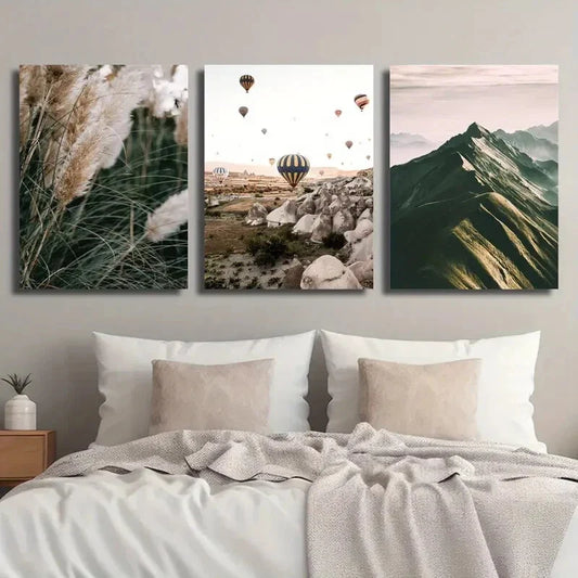 3pcs Plants Pampas Grass Mountains And Hot Air Metal Print Ready to Hang Art