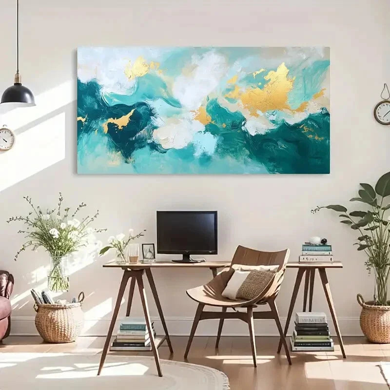 Teal & Golden Accents Abstract Wall Art Canvas Office Home Room Framed 80x45cm