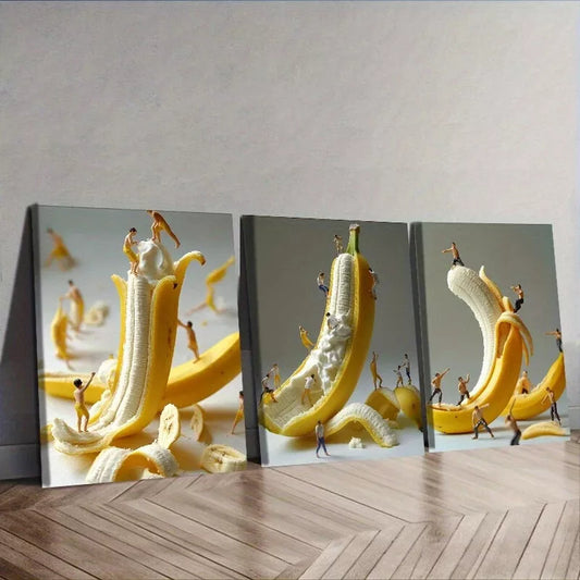 3pcs The Little Man Climbed On The Banana Wall Art Set Canvas Framed 40x60cm - High Quality Print 100% Australian Made Wall Canvas Ready to Hang