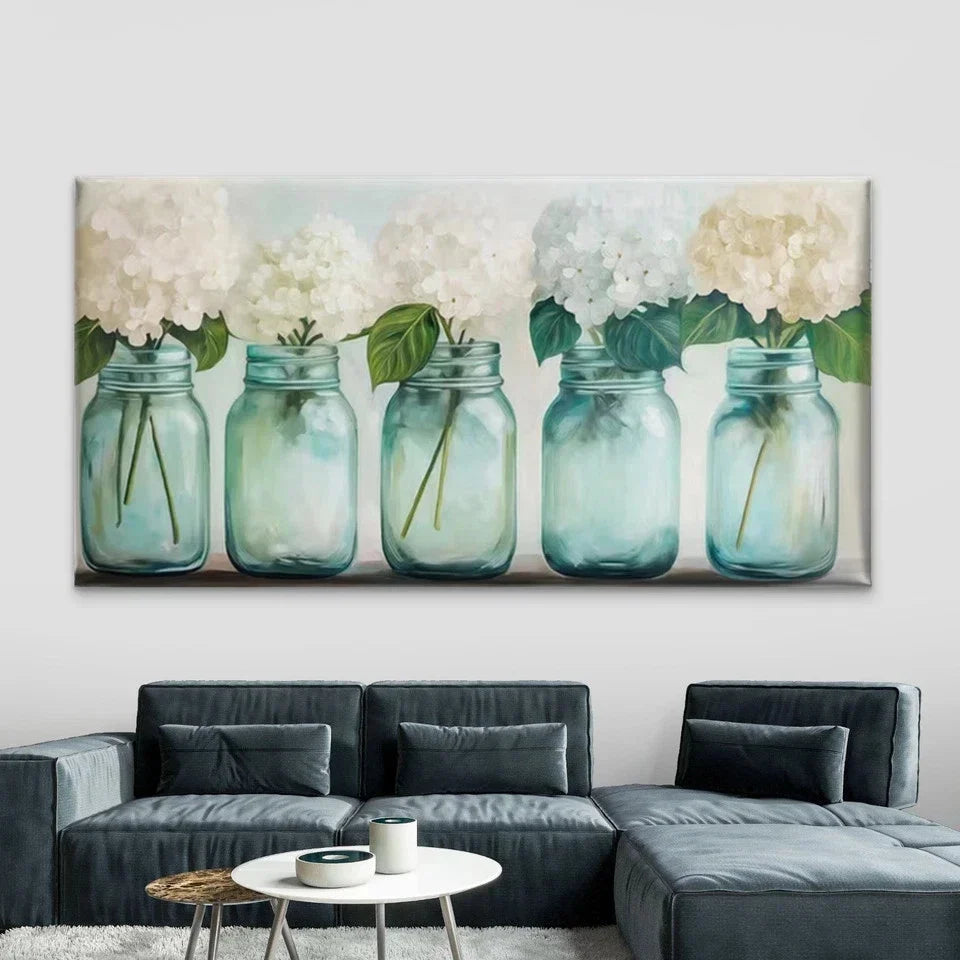 White Hydrangea Flowers Wall Art Canvas Office Home Room Framed 80x45cm