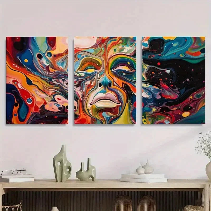 3pcs Abstract Face with Colorful Swirls Metal Print Ready to Hang Art