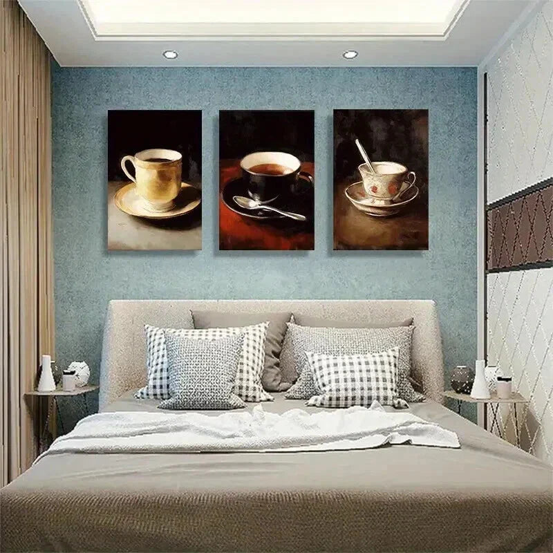 3pcs Elegant Sepia-Toned Coffee Cups Perfect Wall Art Set Canvas Framed 40x60cm - High Quality Print 100% Australian Made Wall Canvas Ready to Hang
