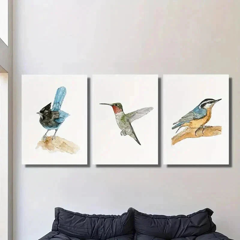 3pcs Blue & Black Bird Illustrations Wall Art Set Canvas Framed 40x60cm - High Quality Print 100% Australian Made Wall Canvas Ready to Hang