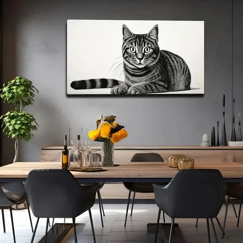 Wild Cat Black White Wall Art Canvas Office Home Room Framed 80x45cm