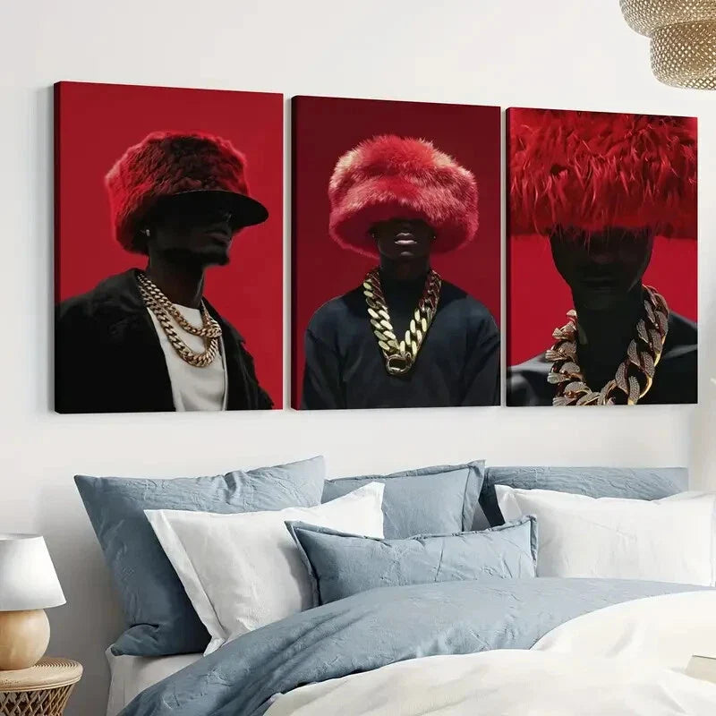 3pcs Black Man Art Luxury Red and Black Fashion Gold Wall Art Set Canvas Framed 40x60cm - High Quality Print 100% Australian Made Wall Canvas Ready to Hang