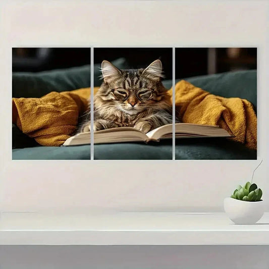 3pcs Playful Reading Cat Design Metal Print Ready to Hang Art