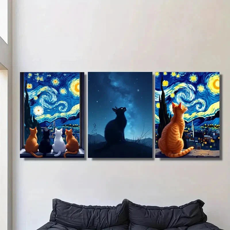 3pcs Starry Night Cat Modern Metal Print Ready to Hang Art