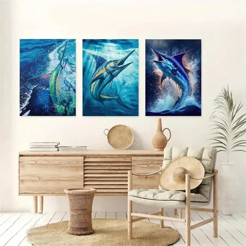 3pcs Blue Marlin Watercolor Blue Metal Print Ready to Hang Art