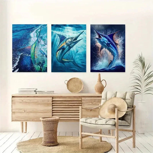 3pcs Blue Marlin Watercolor Blue Metal Print Ready to Hang Art